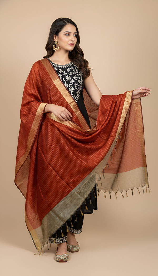 Orange Striped Silk Dupatta with Zari Border | Elegant Ethnic Drape (2.5 Metres Approx.)