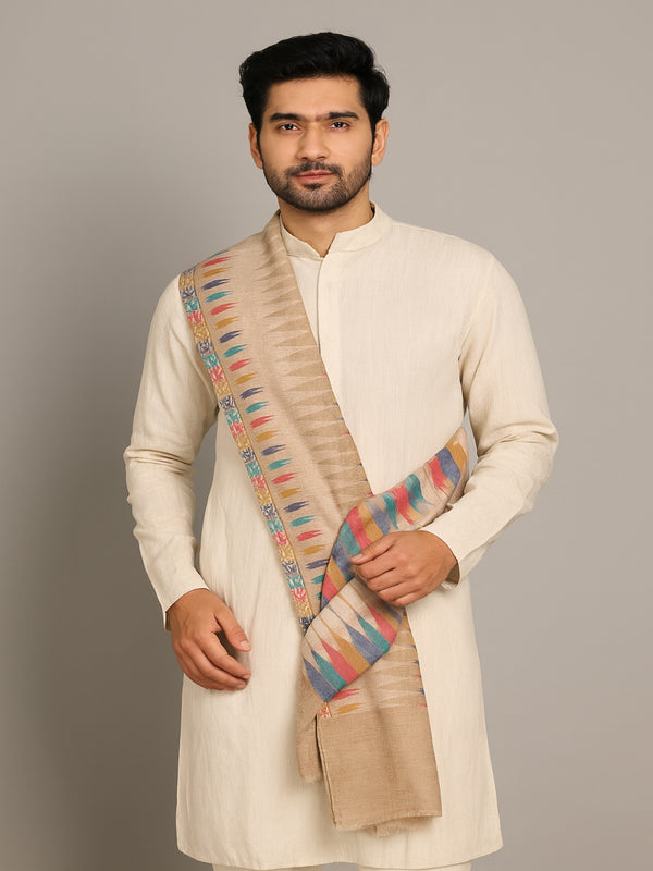 Woolen Mens Stole with Ikat-Inspired Woven Design | Refined Ethnic Wrap (80 × 28 Inches)