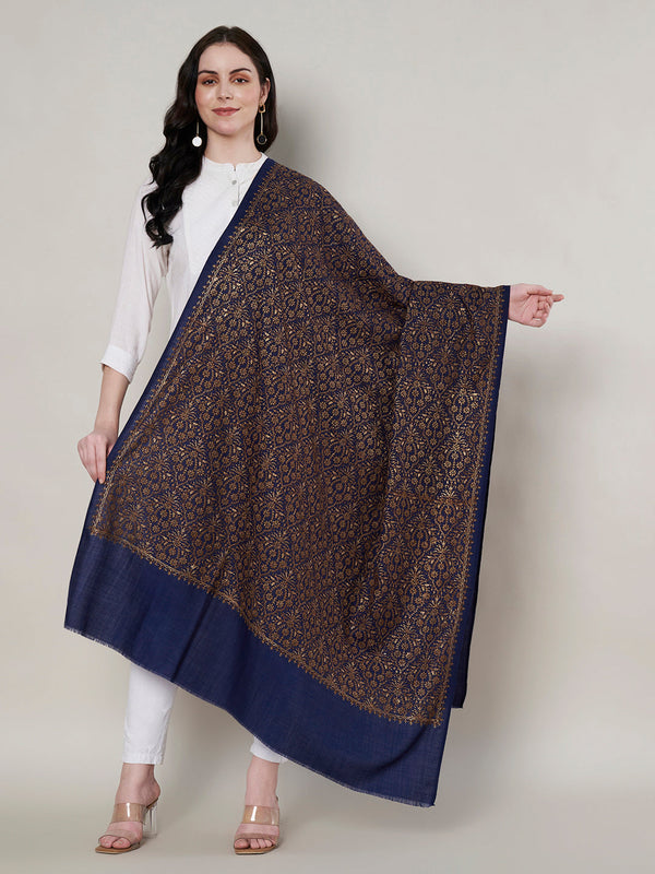 Woolen Women Shawl in Blue with All-Over Floral Jaal Weave (80 x 40 Inches)