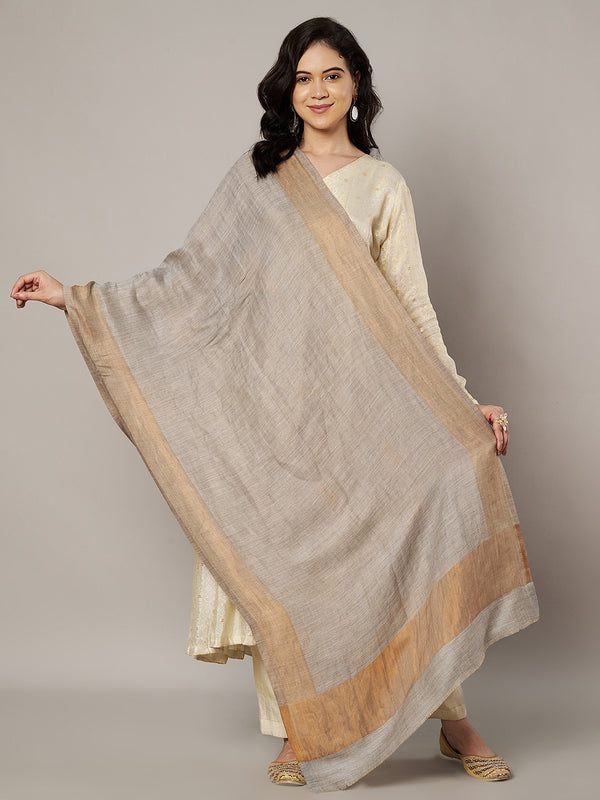Reversible Wool Grey Women Stole with Moonlight Zari Border | Elegant Winter Wrap | 80 × 28 Inches