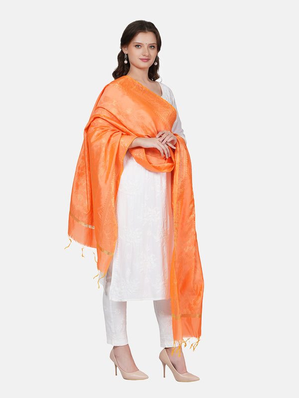 Orange Banarasi Silk Dupatta with All-Over Woven Floral Motifs & Rich Zari Border (Size: 2.5x1 m Approx)
