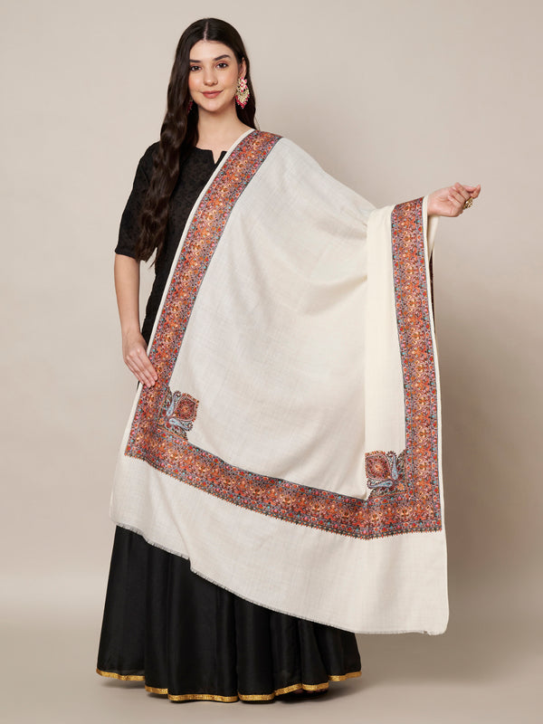Woolen Women Shawl in Ivory with Multicolour Kashmiri-Inspired Embroidered Border (80 x 40 Inches)