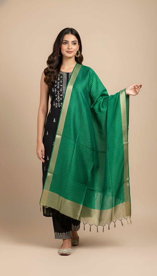 Light Green Striped Silk Dupatta with Zari Border | Elegant Ethnic Drape (2.5 Metres Approx.)