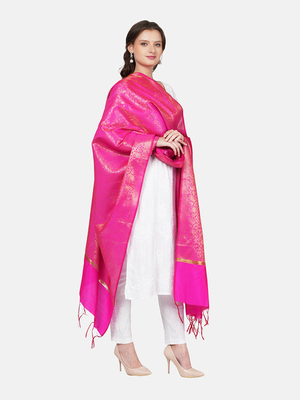 Hot Pink Banarasi Silk Dupatta with All-Over Woven Floral Zari Jaal (Size: 2.5x1 m Approx)