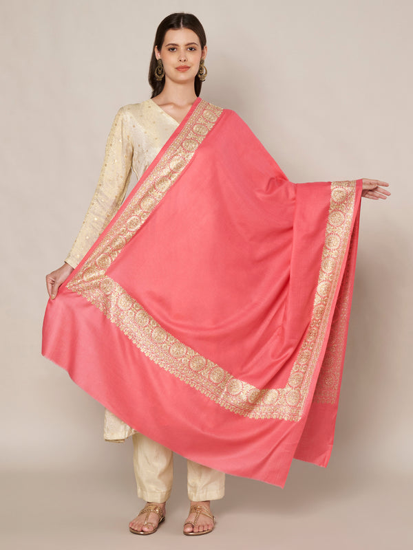 Pink Woolen Women Shawl with Gold Border – 80x40 Inches