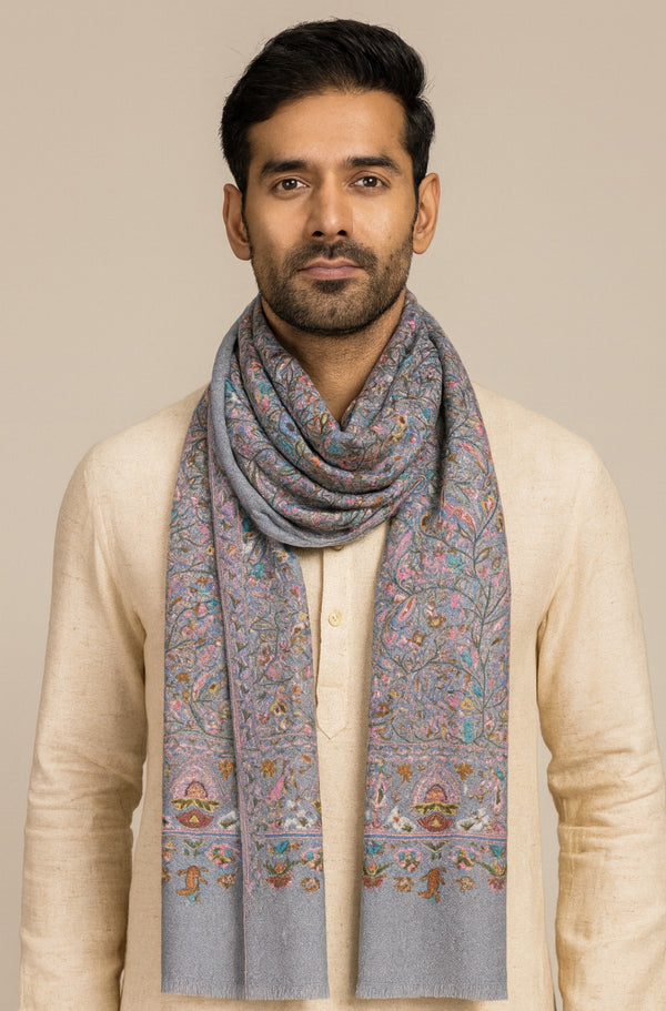 Bamboo Silk Grey Kashmiri Mens Stole with Classic Paisley Weave | Elegant Ethnic Accessory | 80×28 Inches