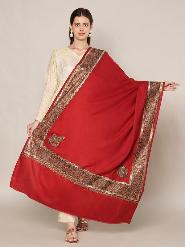 Red Woolen Women Shawl with Intricate Embroidered Detailing – Winter Wrap (80 x 40 Inches)