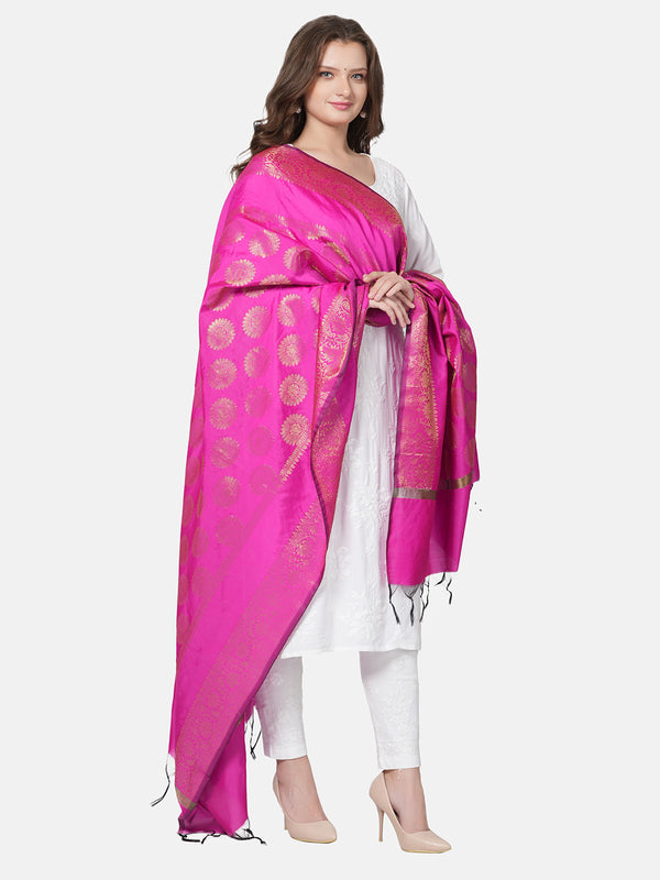 Pink Banarasi Silk Dupatta with Woven Butti Motifs & Zari Border (Size: 2.5x1 m Approx)