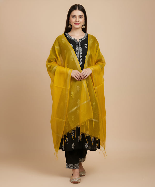 Yellow Monica Cotton Dupatta with Woven Motifs | Elegant Ethnic Drape (2.5 Metres Approx.)