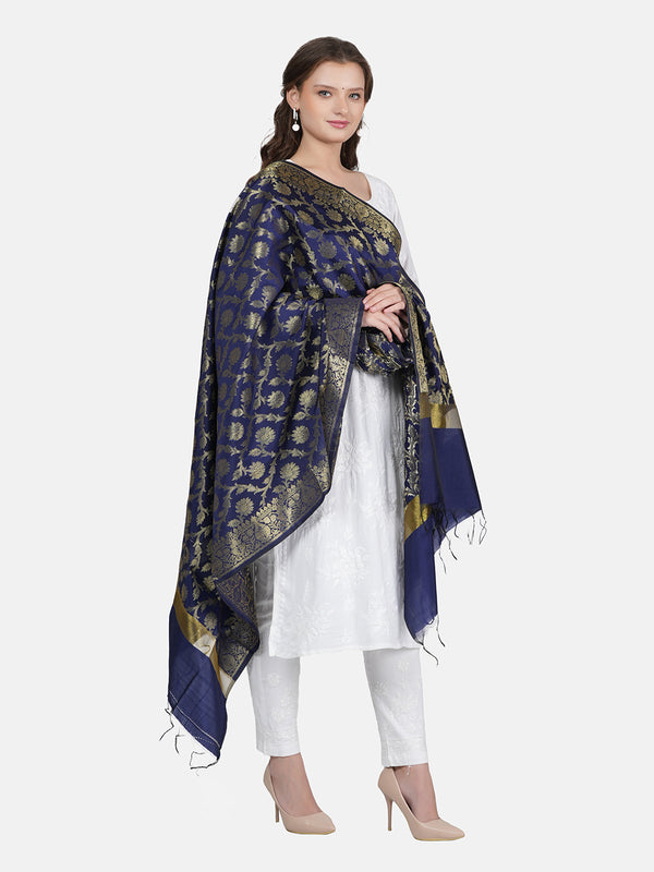 Dark Blue Banarasi Silk Dupatta with All-Over Woven Floral Motifs & Rich Zari Border (Size: 2.5x1 m Approx)