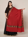 Woolen Women Shawl in Deep Maroon with Embroidered Traditional Border (80 x 40 Inches)