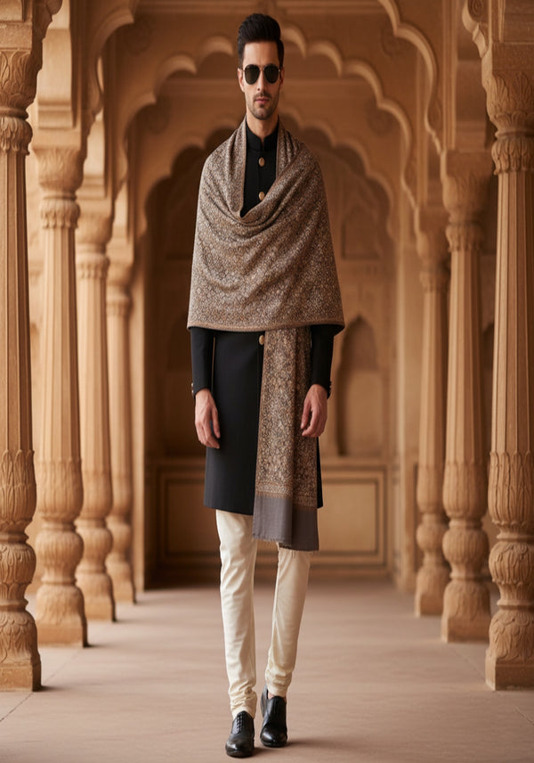 Woolen Mens Shawl with Intricate Traditional Motif & Ornate Woven Border | 80 x 40 Inches