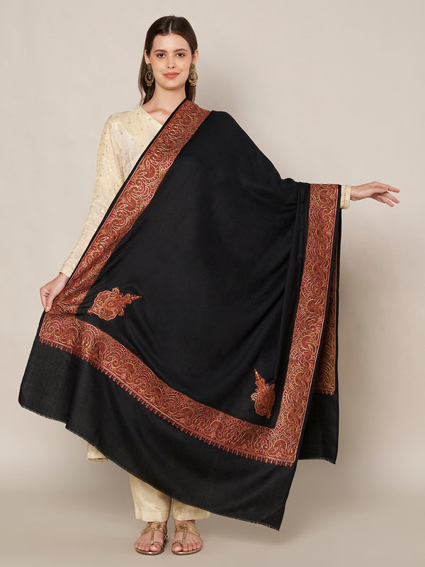 Elegant Black Woolen Women Shawl with Embroidered Border – Ethnic Wrap (80 x 40 Inches)