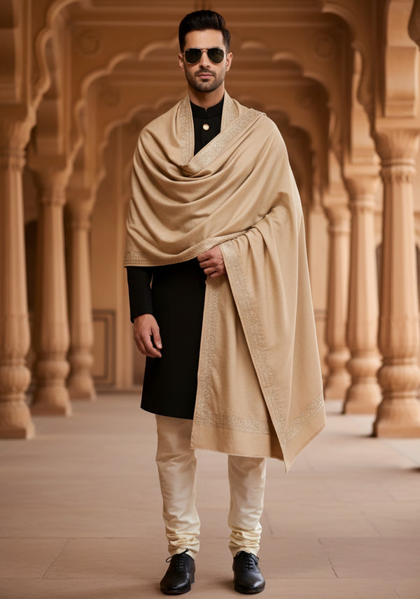 Beige Woolen Mens Shawl with Gold Border – 80x40 Inches