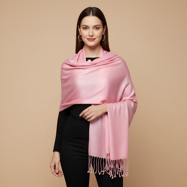 Solid Viscose Pink Women Stole with Soft Drape & Fringed Finish | Lightweight Everyday Wrap (80 × 28 Inches)