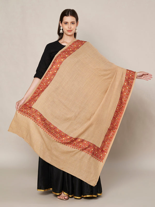 Beige Woolen Women Shawl with Traditional Embroidered Border (80 x 40 Inches)