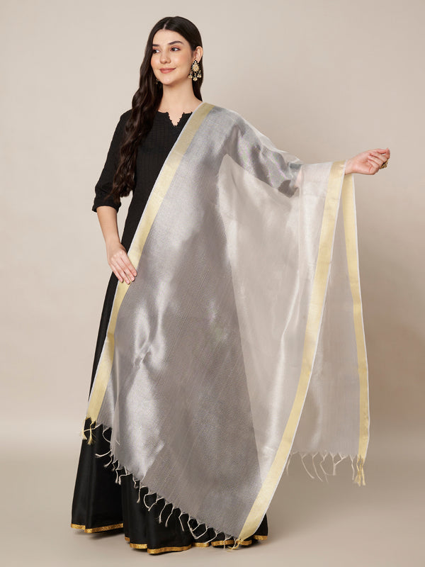 Silver Cotton Silk Dupatta with Subtle Woven Texture (Size: 2.5x1 m Approx)