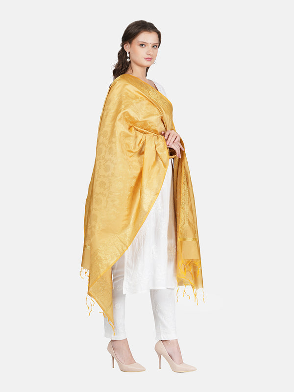 Cream Banarasi Silk Dupatta with All-Over Woven Floral Motifs & Rich Zari Border (Size: 2.5x1 m Approx)