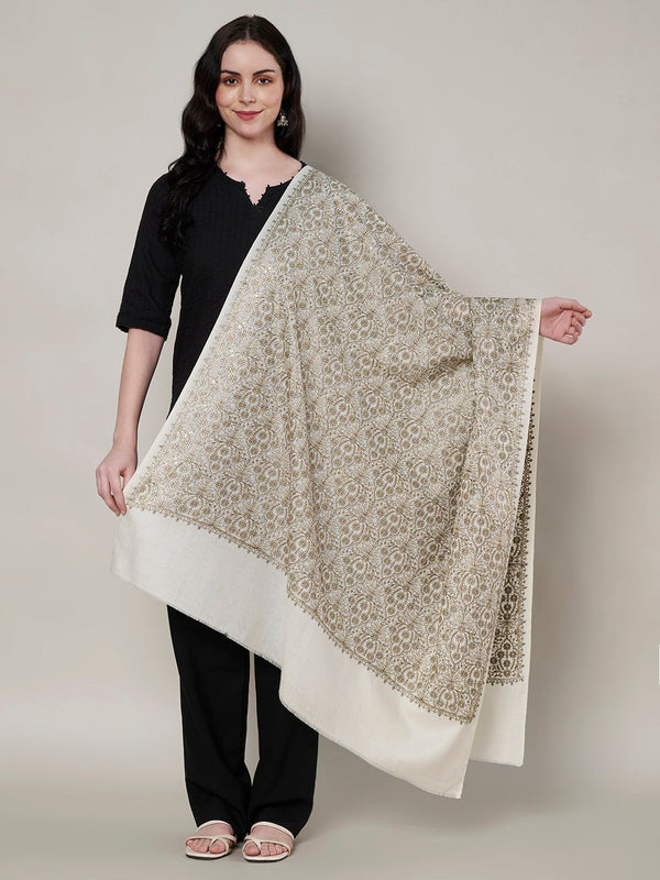Woolen Women Shawl in White with All-Over Floral Jaal Weave (80 x 40 Inches)