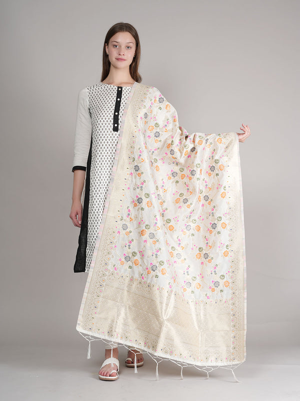 White Paithani Silk Dupatta with Multicolour Floral Zari Weave (Size: 2.5x1 m Approx)