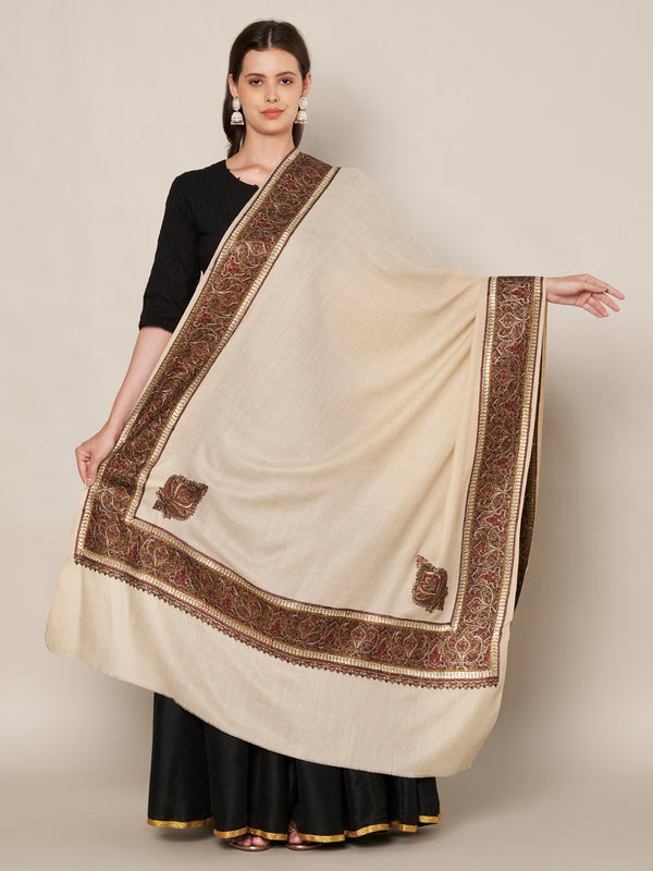 Beige Woolen Women Shawl with Intricate Embroidered Detailing – Winter Wrap (80 x 40 Inches)