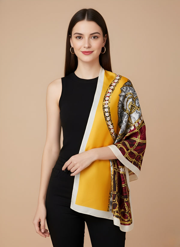 Printed Silk Women Stole with Artistic Motif Design | Elegant Lightweight Wrap (80 × 28 Inches)