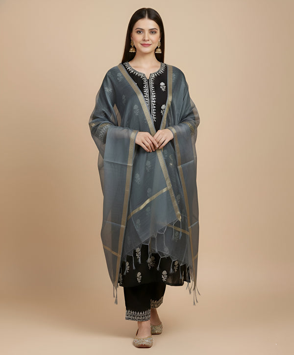 Grey Monica Cotton Dupatta with Woven Motifs | Elegant Ethnic Drape (2.5 Metres Approx.)