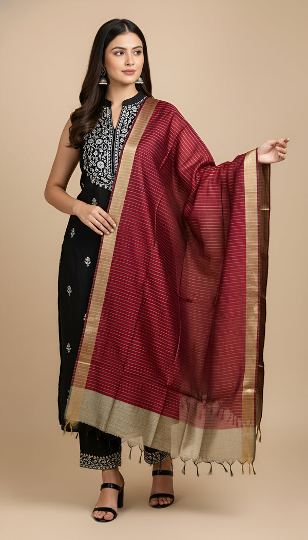 Maroon Striped Silk Dupatta with Zari Border | Elegant Ethnic Drape (2.5 Metres Approx.)