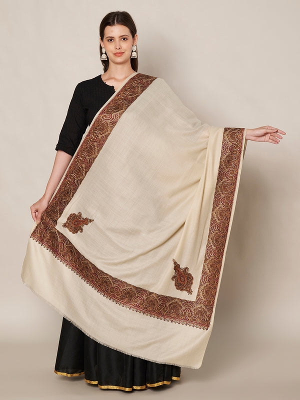 Elegant Beige Woolen Women Shawl with Embroidered Border – Ethnic Wrap (80 x 40 Inches)