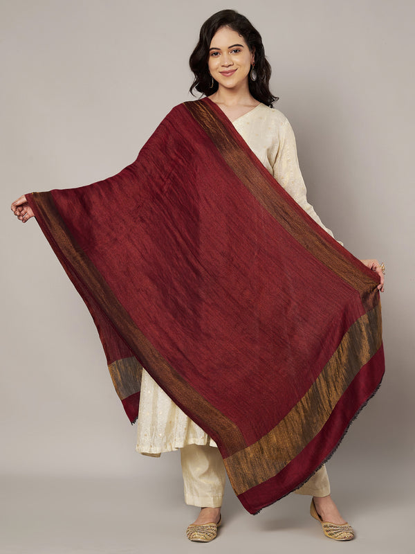 Reversible Wool Maroon Women Stole with Moonlight Zari Border | Elegant Winter Wrap | 80 × 28 Inches