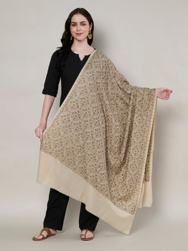 Woolen Women Shawl in Beige with All-Over Floral Jaal Weave (80 x 40 Inches)