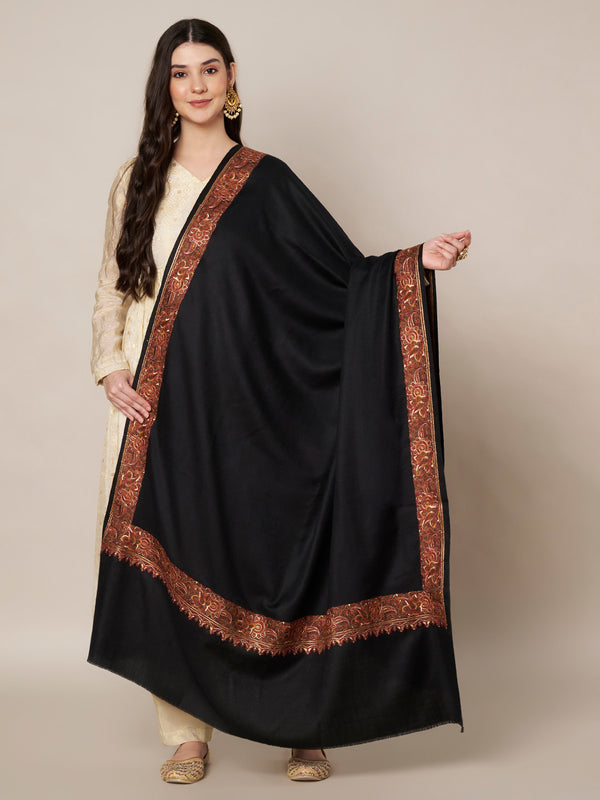 Woolen Women Shawl in Black with Embroidered Traditional Border (80 x 40 Inches)