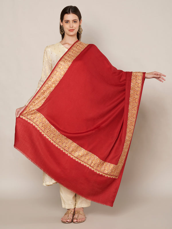 Solid Maroon Woolen Women Shawl with Rich Embroidered Border – 80 x 40 Inches