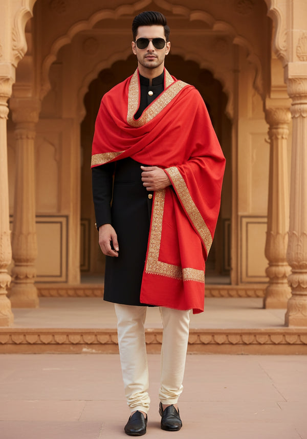 Solid Red Woolen Mens Shawl with Rich Embroidered Border – 80 x 40 Inches