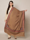 Woolen Women Shawl in Brown with Multicolour Kashmiri-Inspired Embroidered Border (80 x 40 Inches)