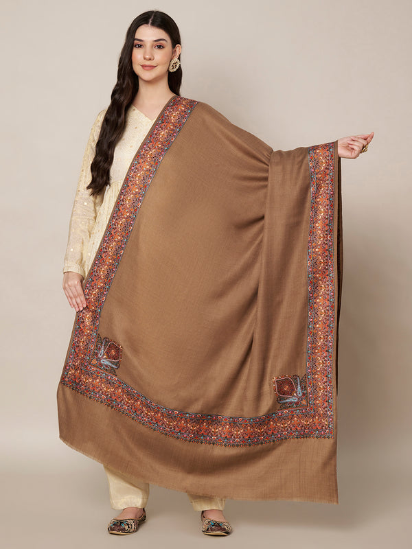 Woolen Women Shawl in Brown with Multicolour Kashmiri-Inspired Embroidered Border (80 x 40 Inches)