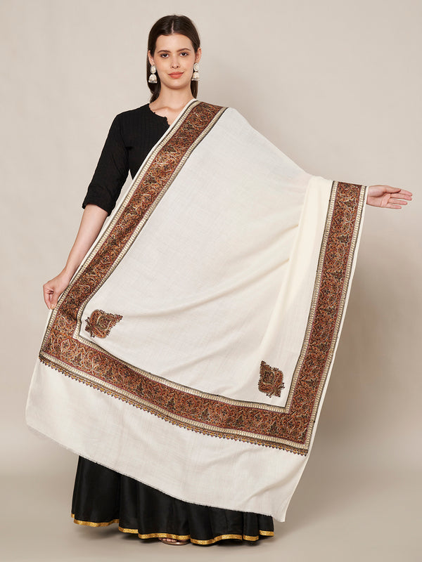 Ivory Woolen Women Shawl with Intricate Embroidered Detailing – Winter Wrap (80 x 40 Inches)
