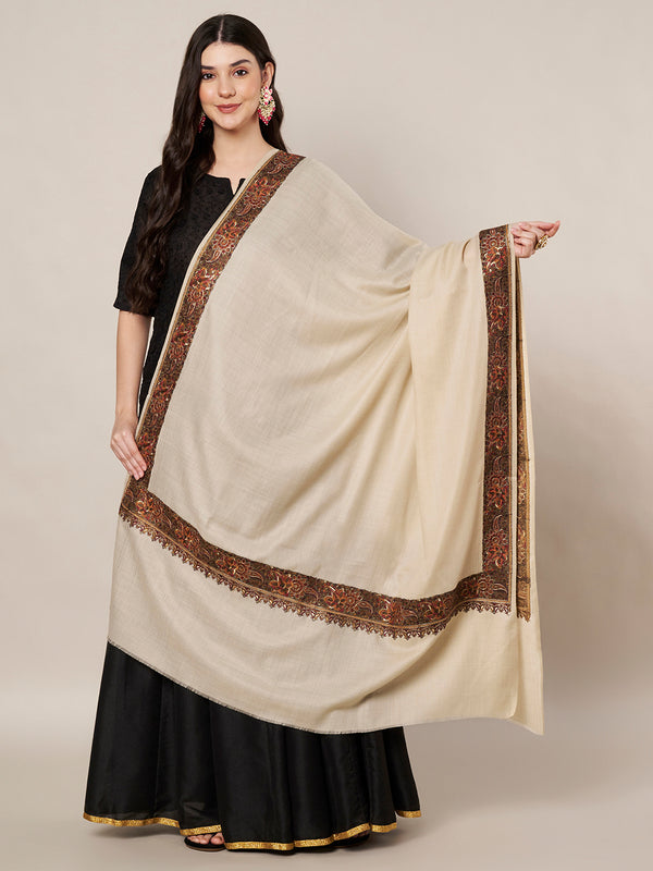 Woolen Women Shawl in Beige with Embroidered Traditional Border (80 x 40 Inches)