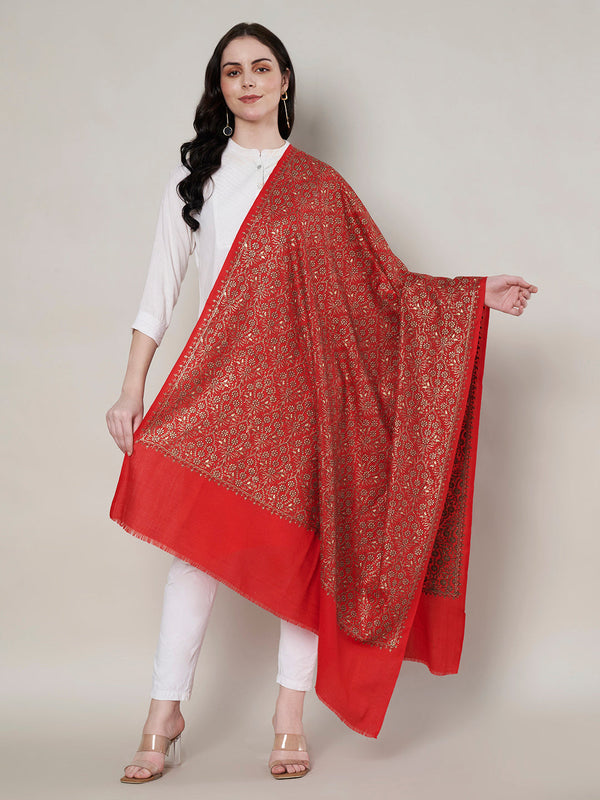 Woolen Women Shawl in Red with All-Over Floral Jaal Weave (80 x 40 Inches)