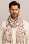 Bamboo Silk White Kashmiri Mens Stole with Classic Paisley Weave | Elegant Ethnic Accessory | 80×28 Inches