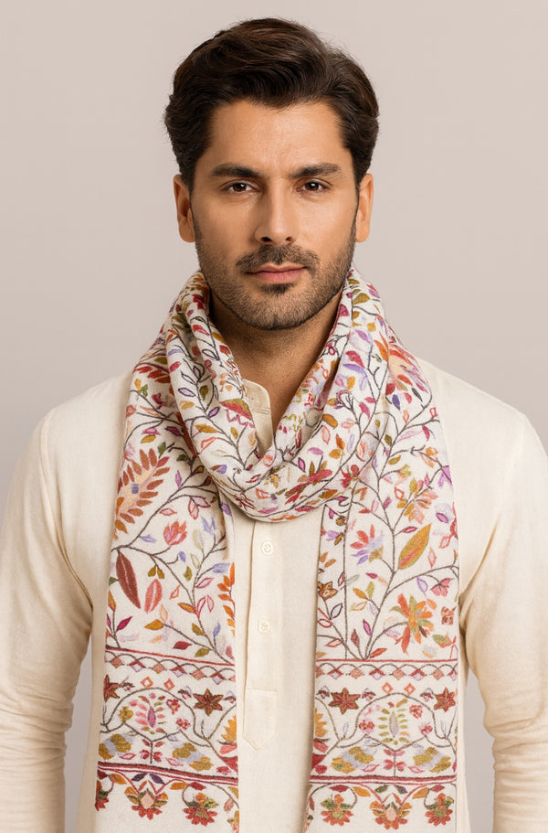 Bamboo Silk White Kashmiri Mens Stole with Classic Paisley Weave | Elegant Ethnic Accessory | 80×28 Inches