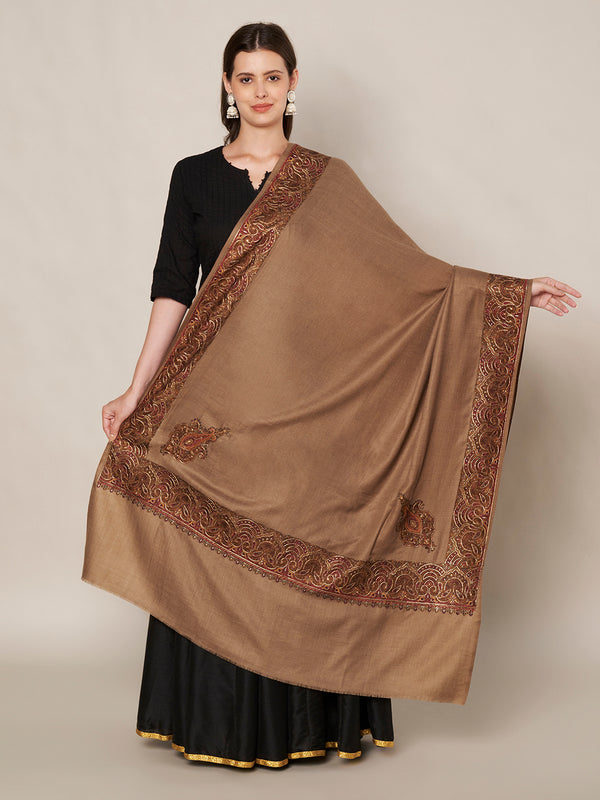 Elegant Brown Woolen Women Shawl with Embroidered Border – Ethnic Wrap (80 x 40 Inches)