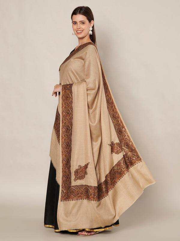 Elegant Light Brown Woolen Women Shawl with Embroidered Border – Ethnic Wrap (80 x 40 Inches)