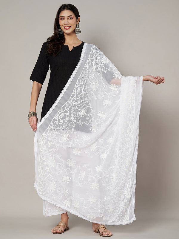 White Karachi Chiffon Dupatta with Elegant Thread Embroidery (Size: 2.5x1 m Approx)