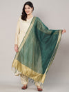 Bottle Green Chanderi Silk Dupatta with Gold Border & Tassels (Size: 2.5x1 m Approx)