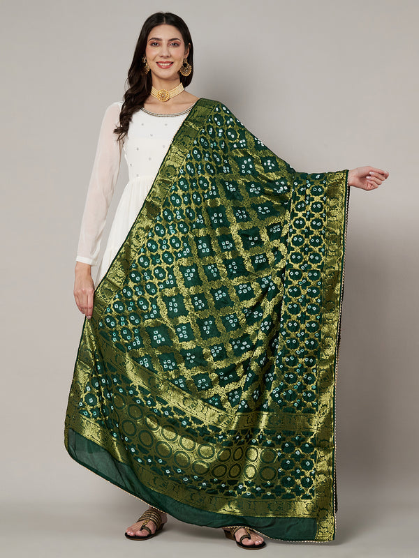 Green Silk Gharchola Bandhej Dupatta with Gold Zari Border (Size: 2.5x1 m Approx)