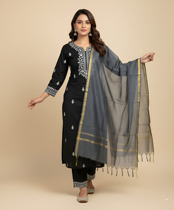 Grey Monica Cotton Dupatta with Woven Motifs | Elegant Ethnic Drape (2.5 Metres Approx.)