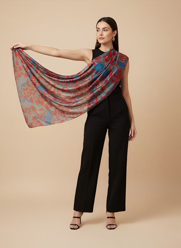 Printed Silk Women Stole with Artistic Motif Design | Elegant Lightweight Wrap (80 × 28 Inches)