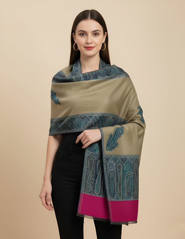 Bamboo Silk Gold Women Shawl with Intricate Paisley Border | Elegant Heritage Wrap (80 × 40 Inches)