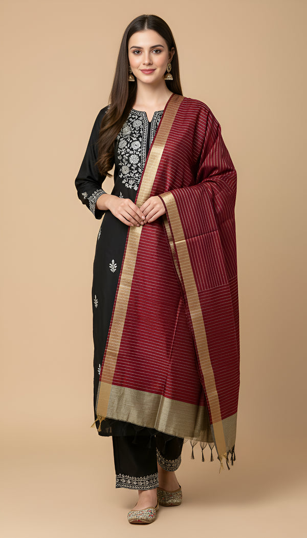 Maroon Striped Silk Dupatta with Zari Border | Elegant Ethnic Drape (2.5 Metres Approx.)